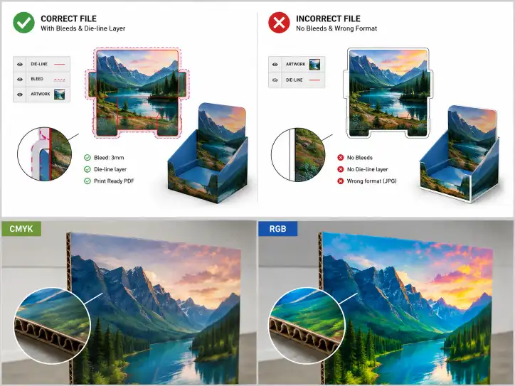 CMYK vs RGB color comparison on a corrugated display panel showing the visible difference