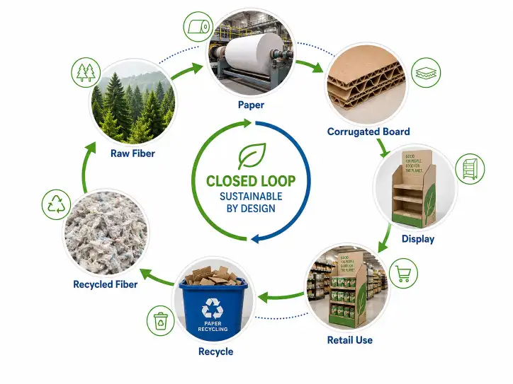 Cardboard display lifecycle: raw fiber to corrugated board to display to recycling bin — showing the closed-loop paper recycling chain
