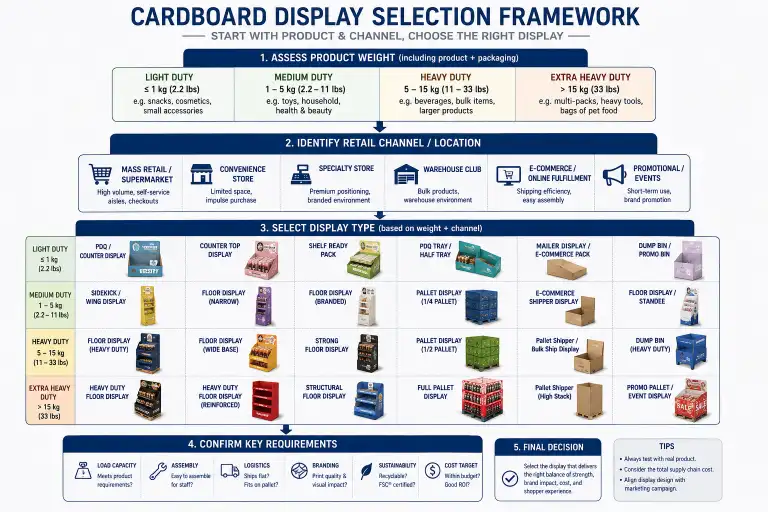 Cardboard display selection decision framework - start with product weight and retail channel before choosing display type