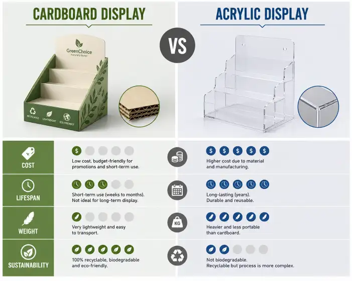 Cardboard display vs acrylic display side by side comparison — cost, lifespan, weight, and sustainability