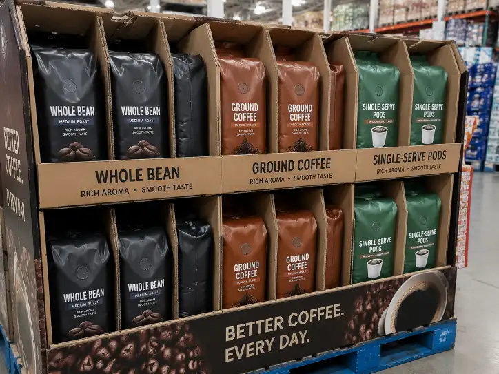 Close-up of coffee bags in individual compartments with degassing valve clearance