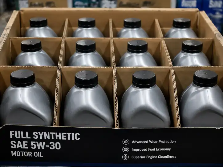 Close-up of motor oil bottles in individual leak-proof compartments with cap-up orientation