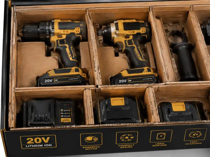 Close-up of power tool set in individual reinforced compartment