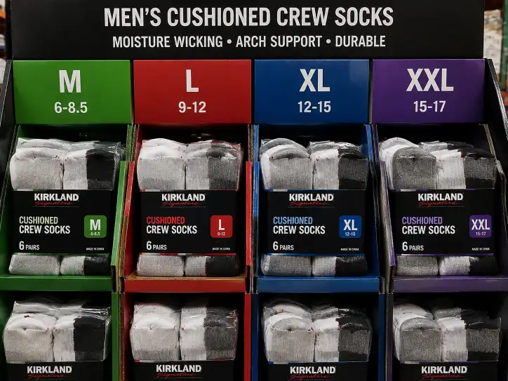 Close-up of sock multi-packs in color-coded compartments with clear size labels
