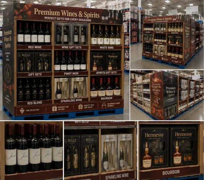 Close-up of wine bottles in individual compartments with foam padding between bottles