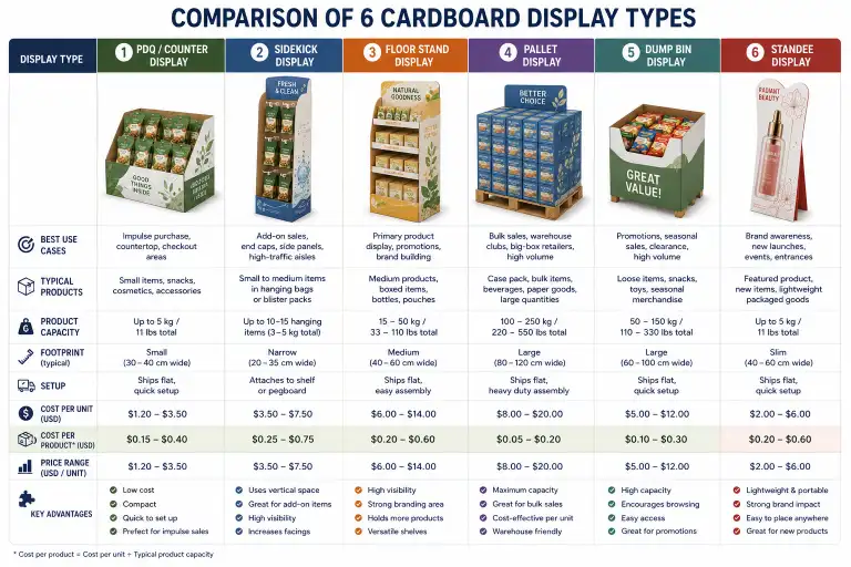 Comparison table of all six display types with cost per product and best use cases