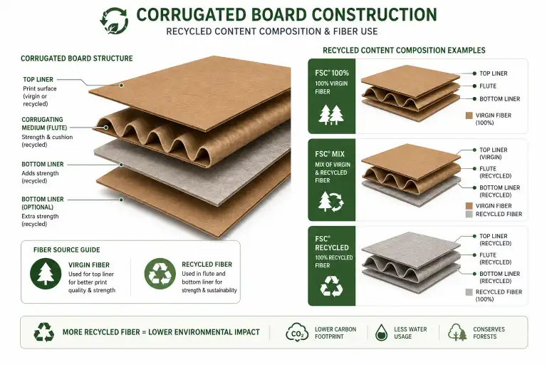 Corrugated board construction showing recycled content composition and where virgin vs recycled fibers are used