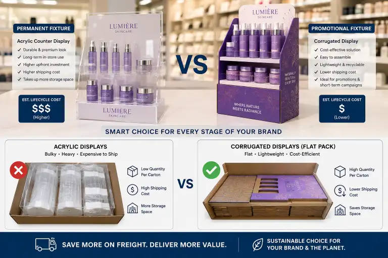 Cosmetic counter display in acrylic next to a promotional corrugated display, comparing permanent and campaign fixtures