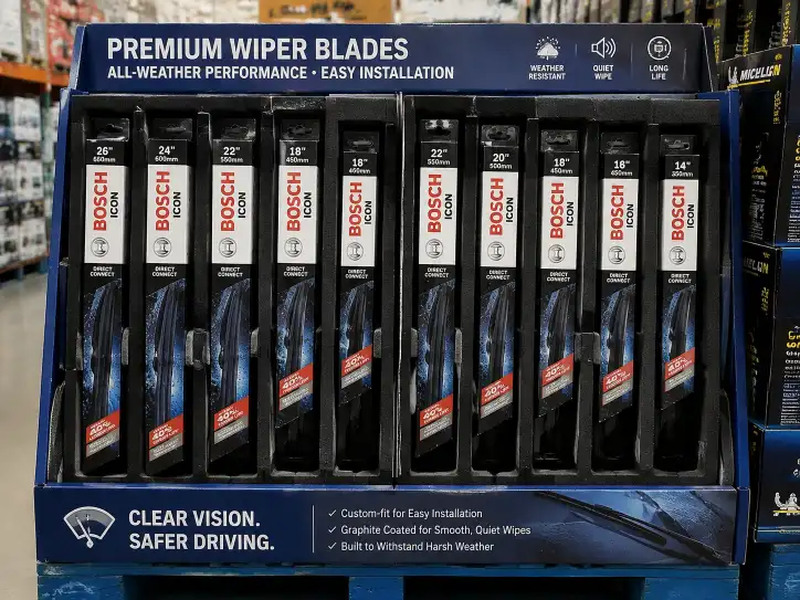 Wiper blades in individual custom-shaped slots on a Costco automotive pallet display