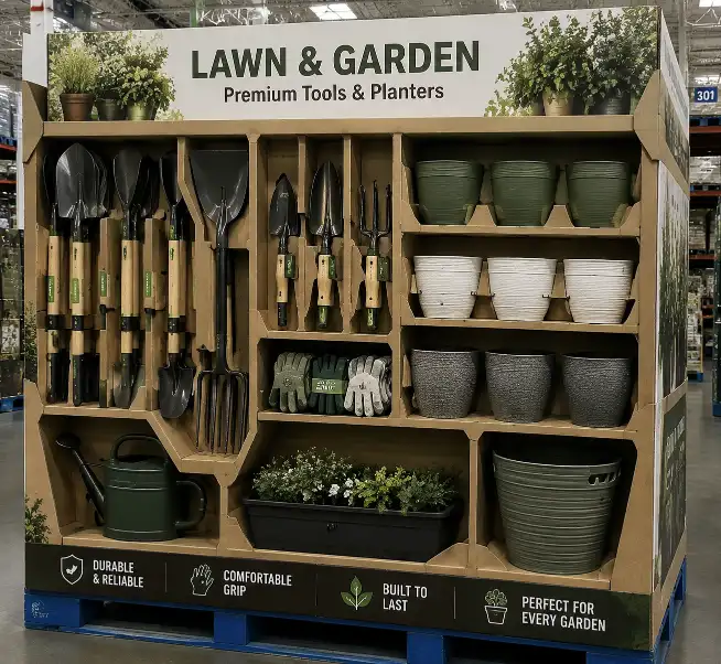 Gardening tools and planters in custom-shaped compartments on a Costco lawn and garden pallet display