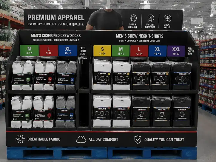 Costco pallet display for apparel showing sock packs and t-shirt multi-packs in organized compartments with clear size labels