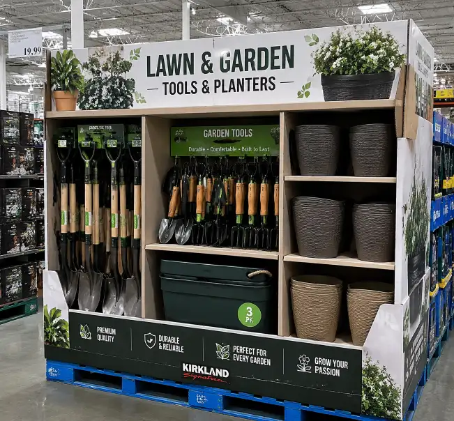 Costco pallet display for lawn and garden products showing gardening tools and planters in organized compartments