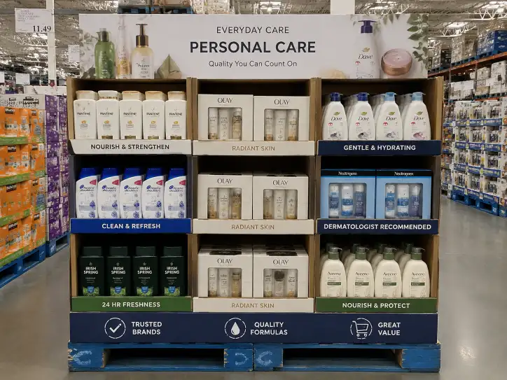 Costco pallet display for personal care products showing shampoo bottles, body wash, and skincare sets in organized compartments