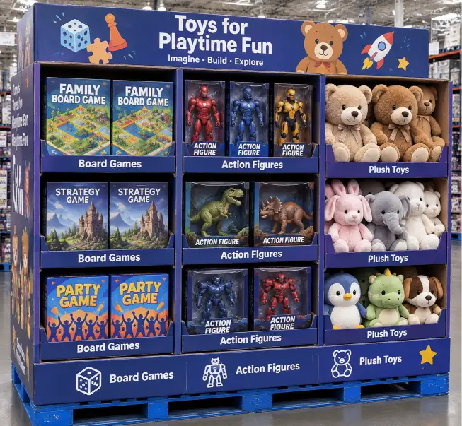 Costco pallet display for toys showing board games, action figures, and plush toys in organized corrugated compartments