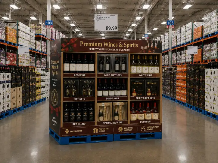 Costco pallet display for wine and spirits showing wine bottles and gift sets in reinforced corrugated compartments