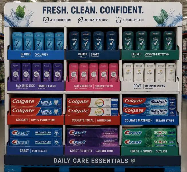 Deodorant sticks and toothpaste organized by variant in color-coded PDQ trays on a Costco personal care display