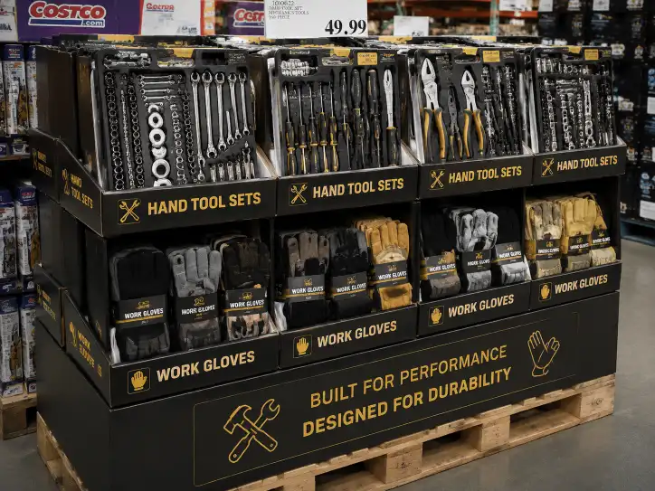 Hand tool sets and work gloves organized in upper layers of a Costco tool pallet display