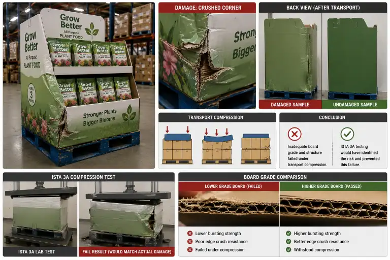 Crushed pallet display corner from transport compression - ISTA 3A testing would have caught the board grade issue