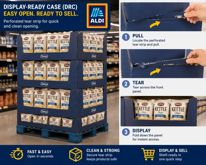 Display-ready case (DRC) with a perforated tear strip being opened on an Aldi pallet display