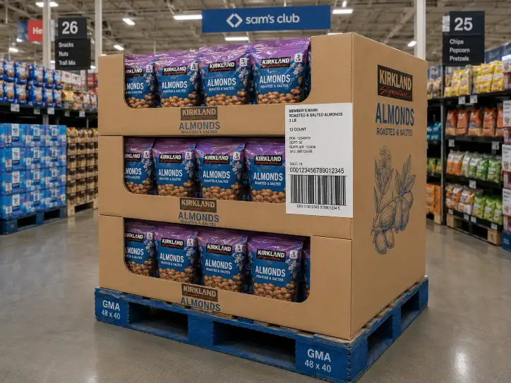 Display-ready corrugated case on a GMA pallet with product oriented to be shoppable, no metal banding.