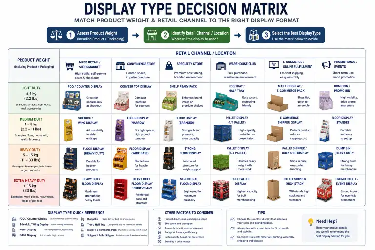 Display type decision matrix - match product weight and retail channel to the correct display format