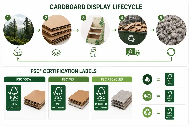 FSC certification labels: FSC 100%, FSC Mix, and FSC Recycled — showing which label applies to different board compositions