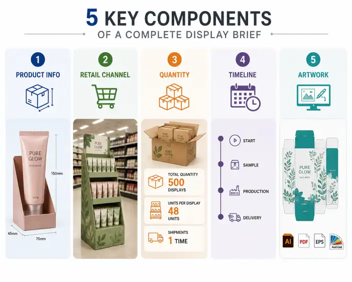 Five key components of a complete display brief: product info, retail channel, quantity, timeline, and artwork