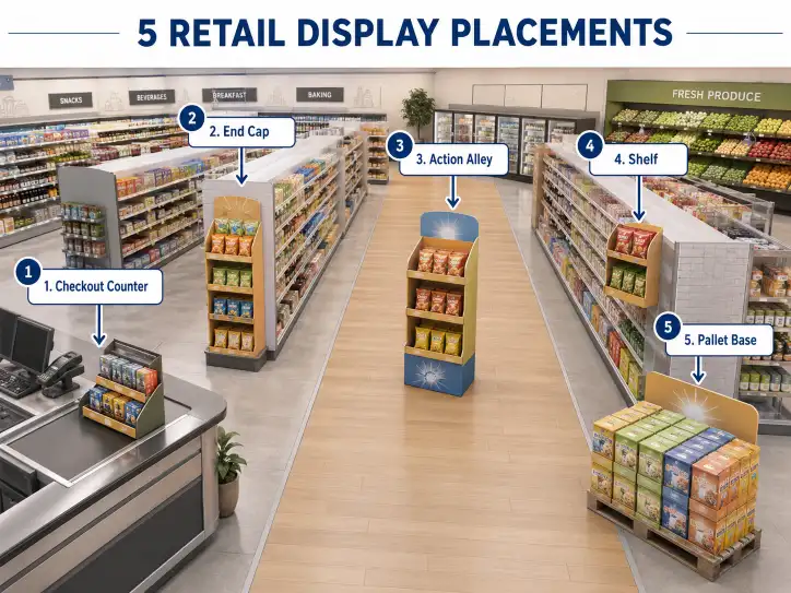 Five retail display placements in a store layout: checkout counter, end cap, action alley, shelf, and pallet base