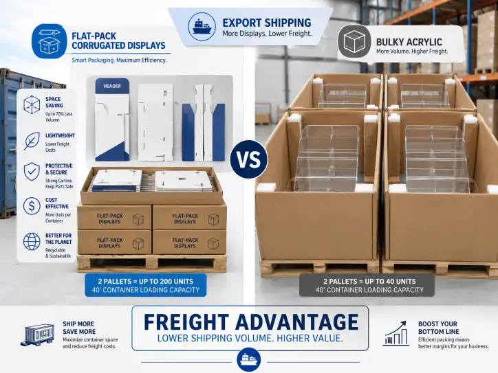 Flat-pack corrugated cardboard displays packed for export shipping, showing the freight advantage over bulky acrylic.