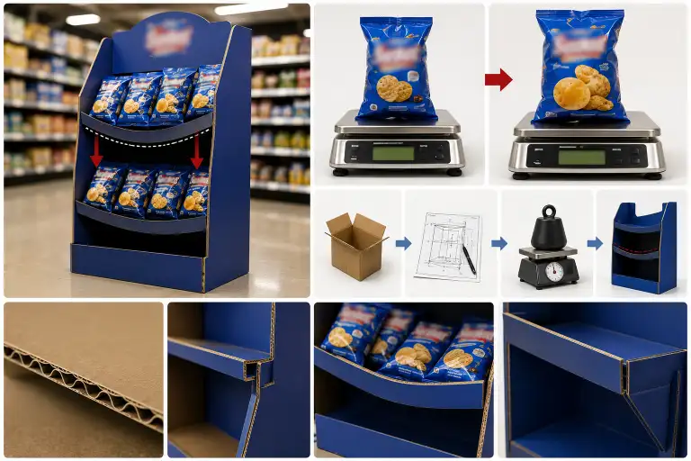 Floor display with sagging shelf - weight overload caused by product change without updating structural spec