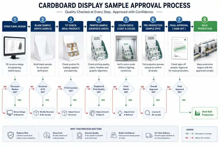 Flowchart showing the sample approval process: structural design → blank sample → fit check → printed sample → color check → pre-production sample → final approval → bulk production — with decision points at each stage.