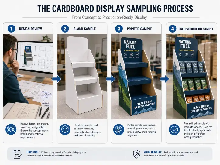 Four stages of the cardboard display sampling process: design review, blank sample, printed sample, pre-production sample
