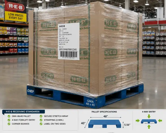 GMA 48x40 CHEP pallet with clear stretch wrap and corner boards, compliant with H-E-B receiving standards.
