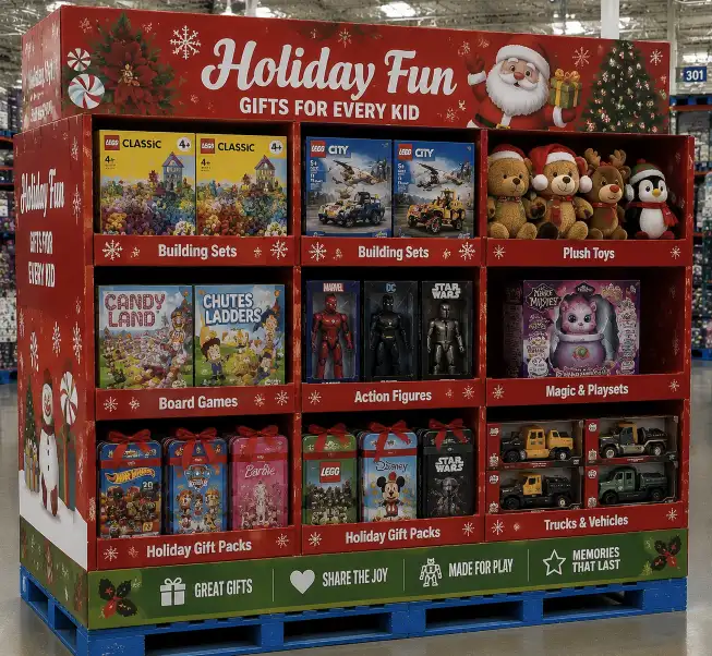 Holiday-themed Costco pallet display for toys with festive graphics and seasonal gift packs