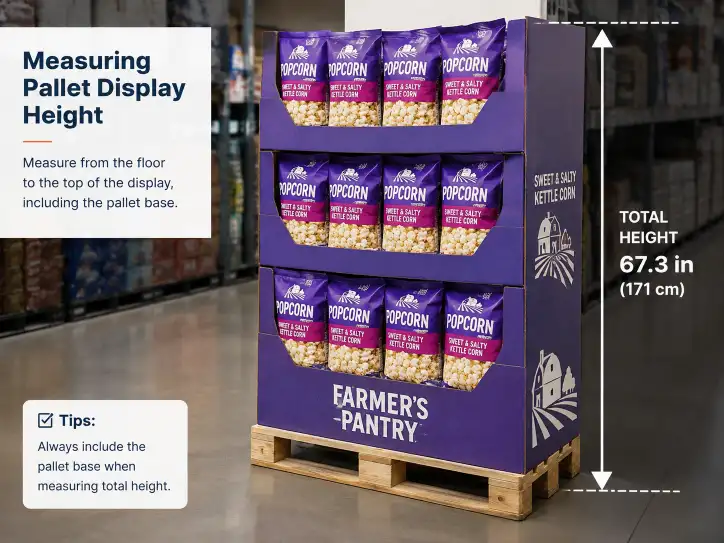 Measuring a pallet display height from the floor to the top of the display, including the pallet base