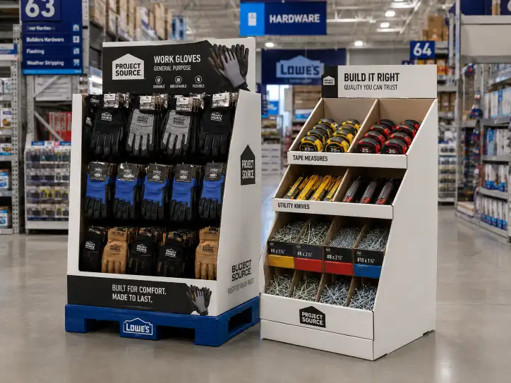 Mini pallet display and gravity feed bin at Lowe's, showing compact in-store display formats.