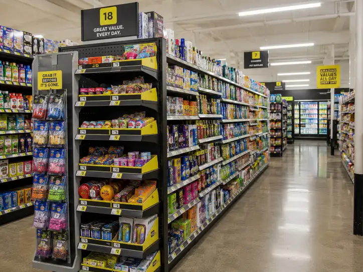 Dollar General-style small-format store aisle with PDQ trays and a sidekick display on an endcap