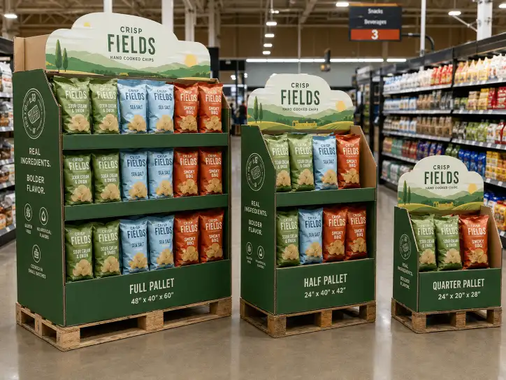 Pallet displays in full, half, and quarter pallet sizes standing side by side in a retail aisle