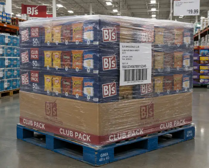 GS1-128 pallet label on two adjacent sides of a GMA pallet, showing SSCC-18 and PO data.