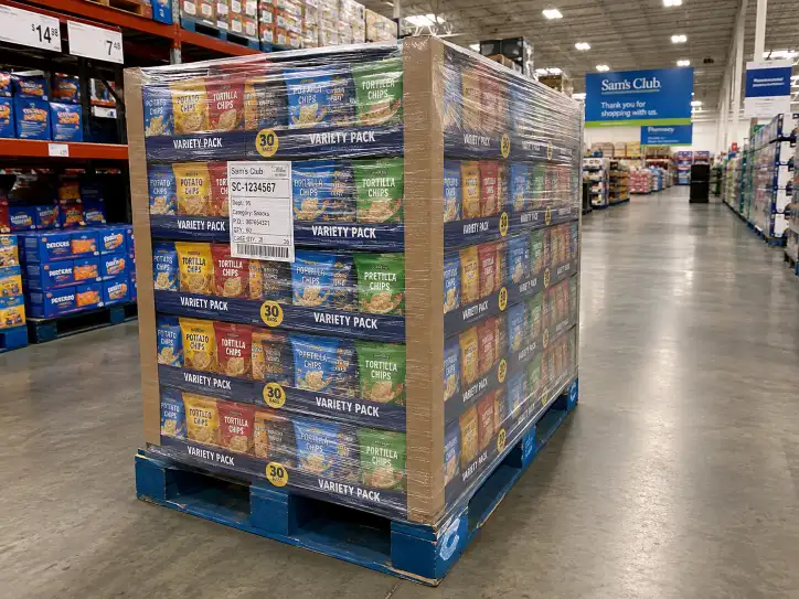 Pre-filled pallet display at Sam's Club with corner boards, shrink wrap, and exterior label placement.