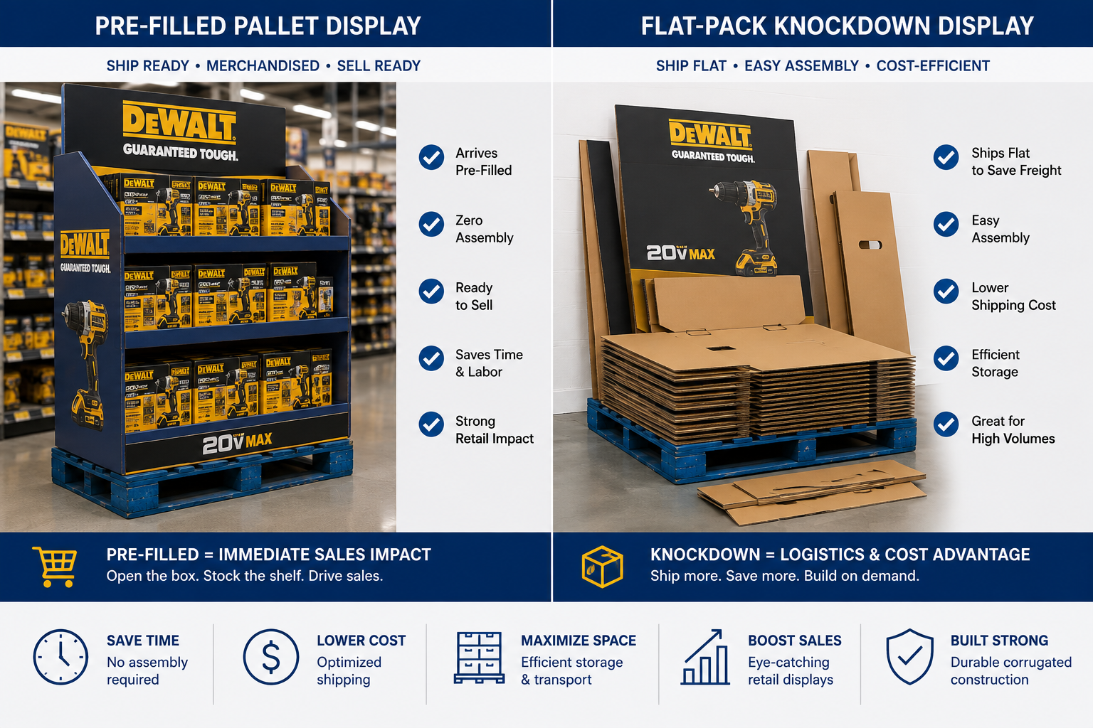 Pre-filled pallet display compared with a flat-pack knockdown display before assembly.