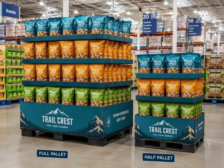 Pre-filled pallet display with a printed pallet skirt in a club store, showing full and half pallet variants.