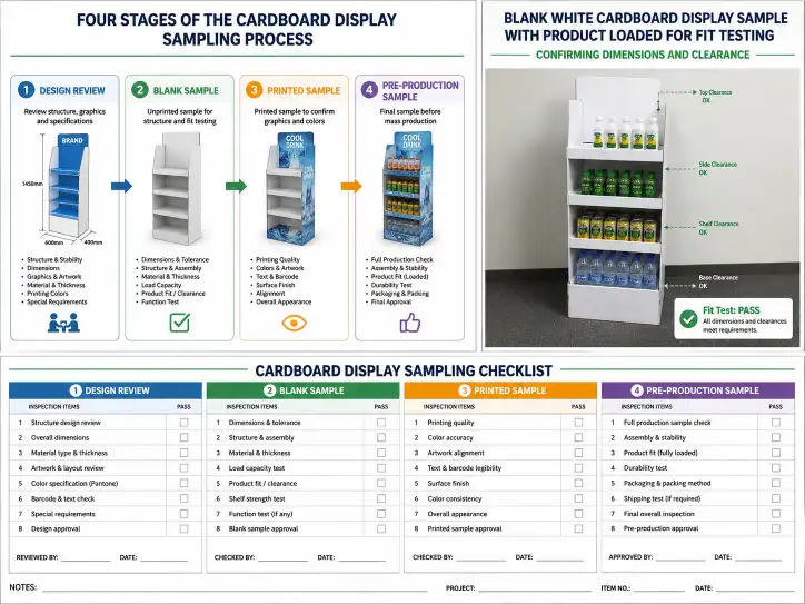 Printable sampling checklist showing all four stages with checkboxes for each inspection item