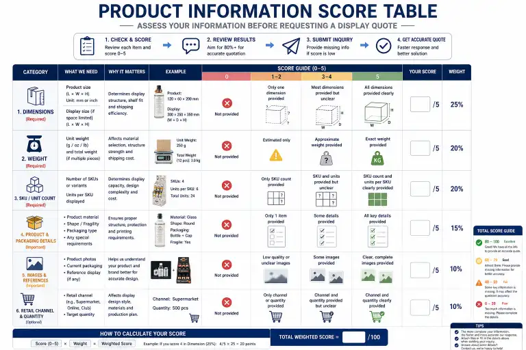 Product information score table - assess dimensions, weight, SKU count before requesting a display quote