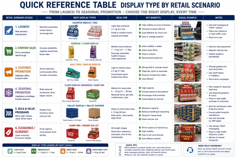 Quick reference table - display type by retail scenario from launch to seasonal promotion