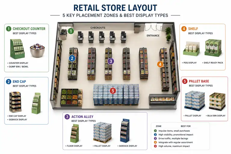 Retail store floor plan with five placement zones marked with their best display types