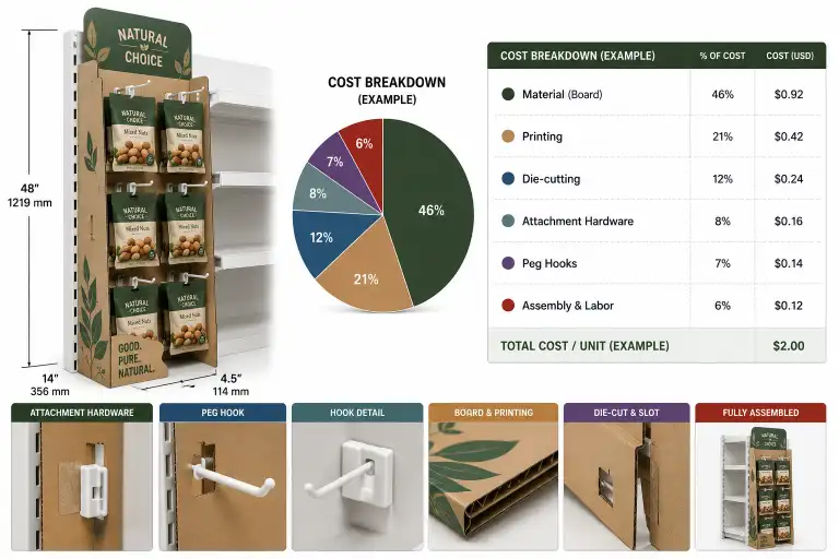 Sidekick display with peg hooks and attachment hardware - cost breakdown components