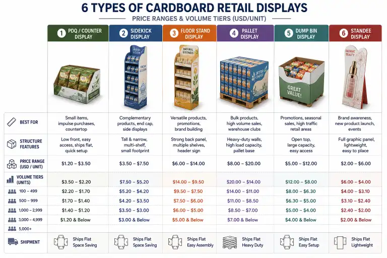Six types of cardboard retail displays with price ranges and volume tiers