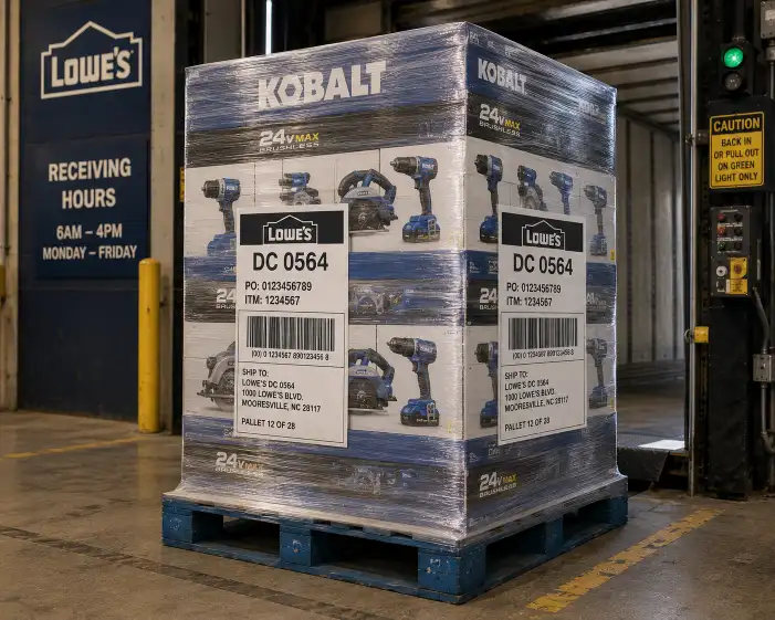 Stretch-wrapped pallet display with GS1-128 pallet labels on two adjacent sides at a Lowe's receiving dock