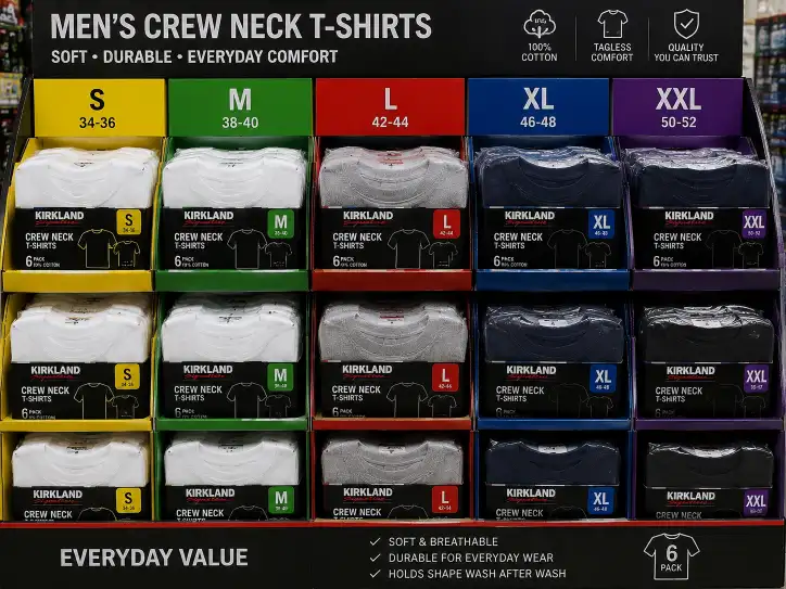T-shirt multi-packs in tiered compartments with color-coded size labels on a Costco apparel display